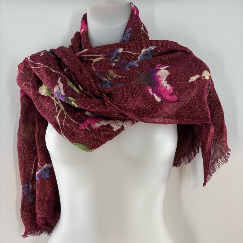 Women's Burgundy Floral & Metallic Lightweight Scarf GUC Size 21” X 72”